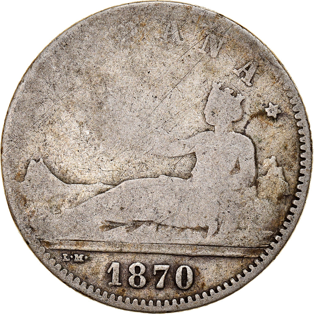Moneda, España, Provisional Government, Peseta, 1870, BC, Plata, KM:653
