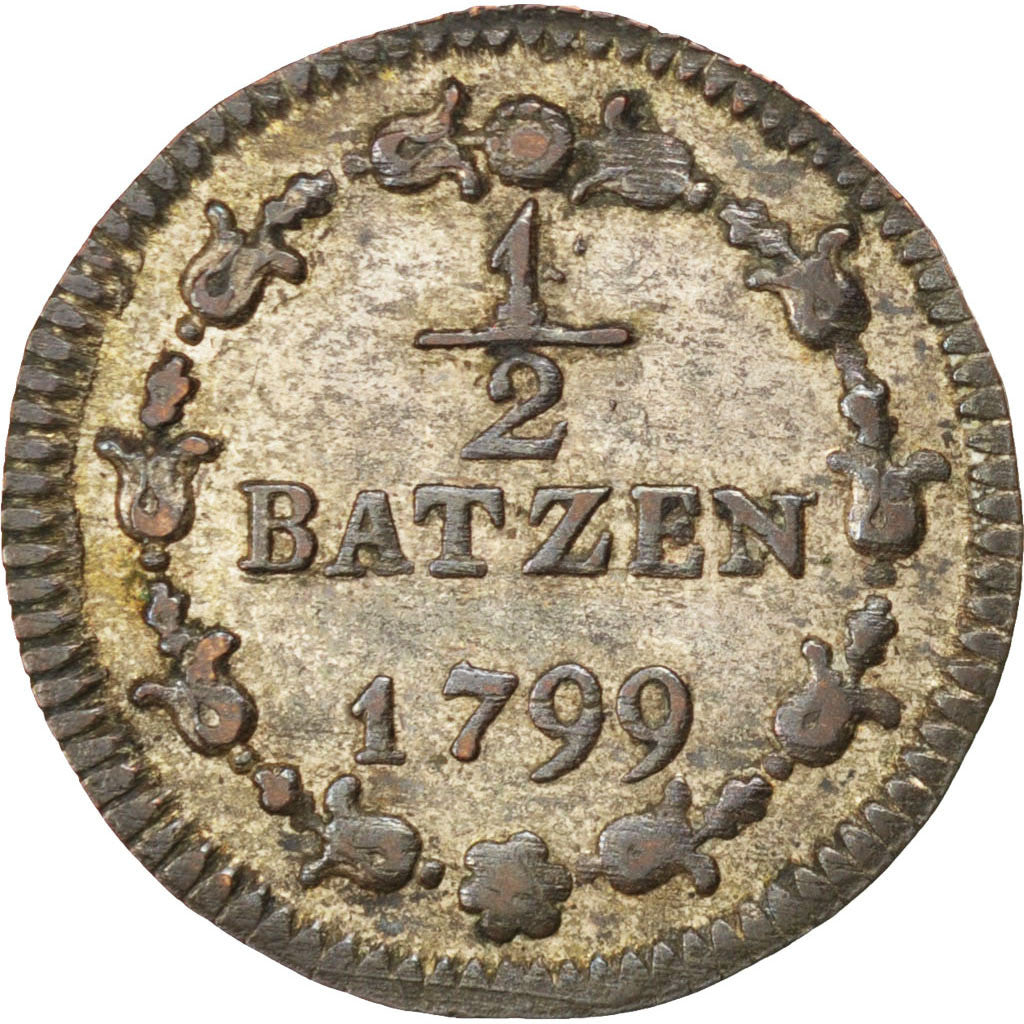 Coin, Switzerland, 1/2 Batzen, 1799, AU(50-53), Billon, KM:A5