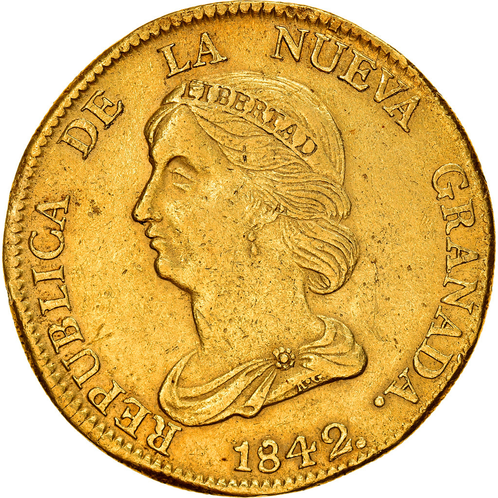 Moeda, Colômbia, 16 Pesos, Diez I Seis, 1842, Bogota, AU(50-53), Dourado