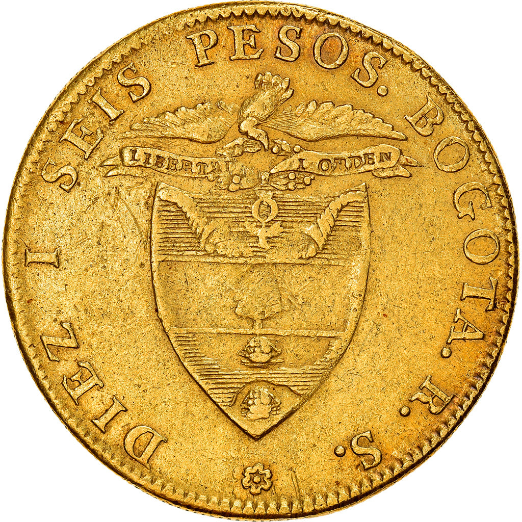 Moeda, Colômbia, 16 Pesos, Diez I Seis, 1842, Bogota, AU(50-53), Dourado