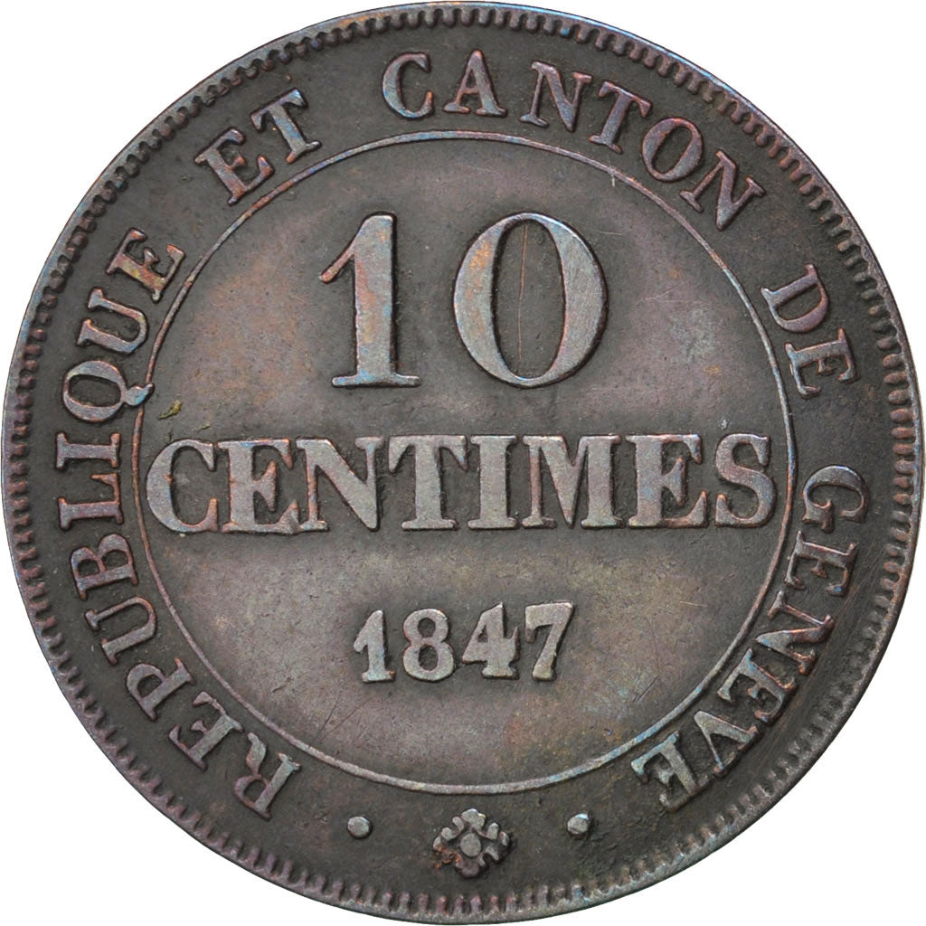 CANTONI SVIZZERI, GENEVA, 10 Centimes, 1847, BB, Biglione, KM:134