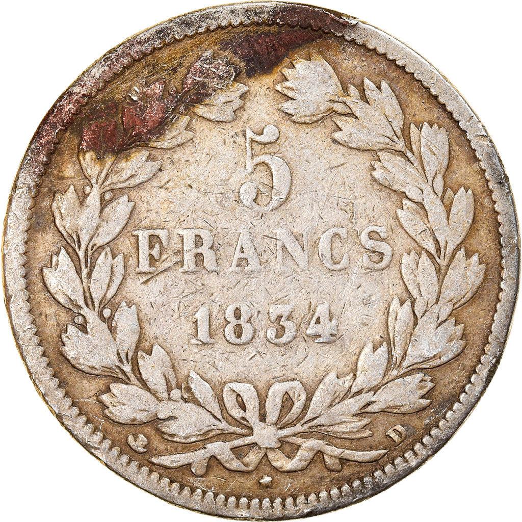 Coin, France, Louis-Philippe, 5 Francs, 1834, Lyon, VF(20-25), Silver, KM:749.4