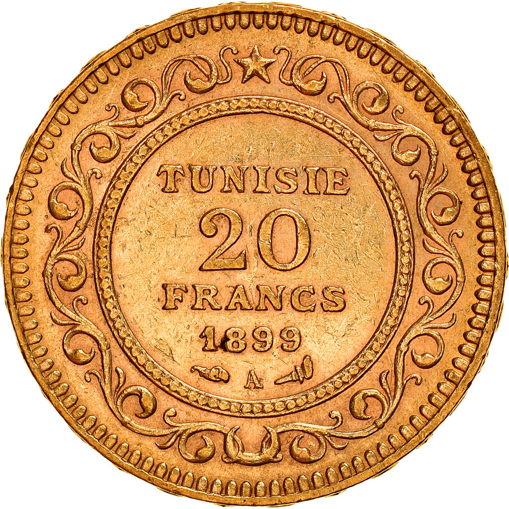 Coin, Tunisia, Ali Bey, 20 Francs, 1899, Paris, AU(50-53), Gold, KM:227
