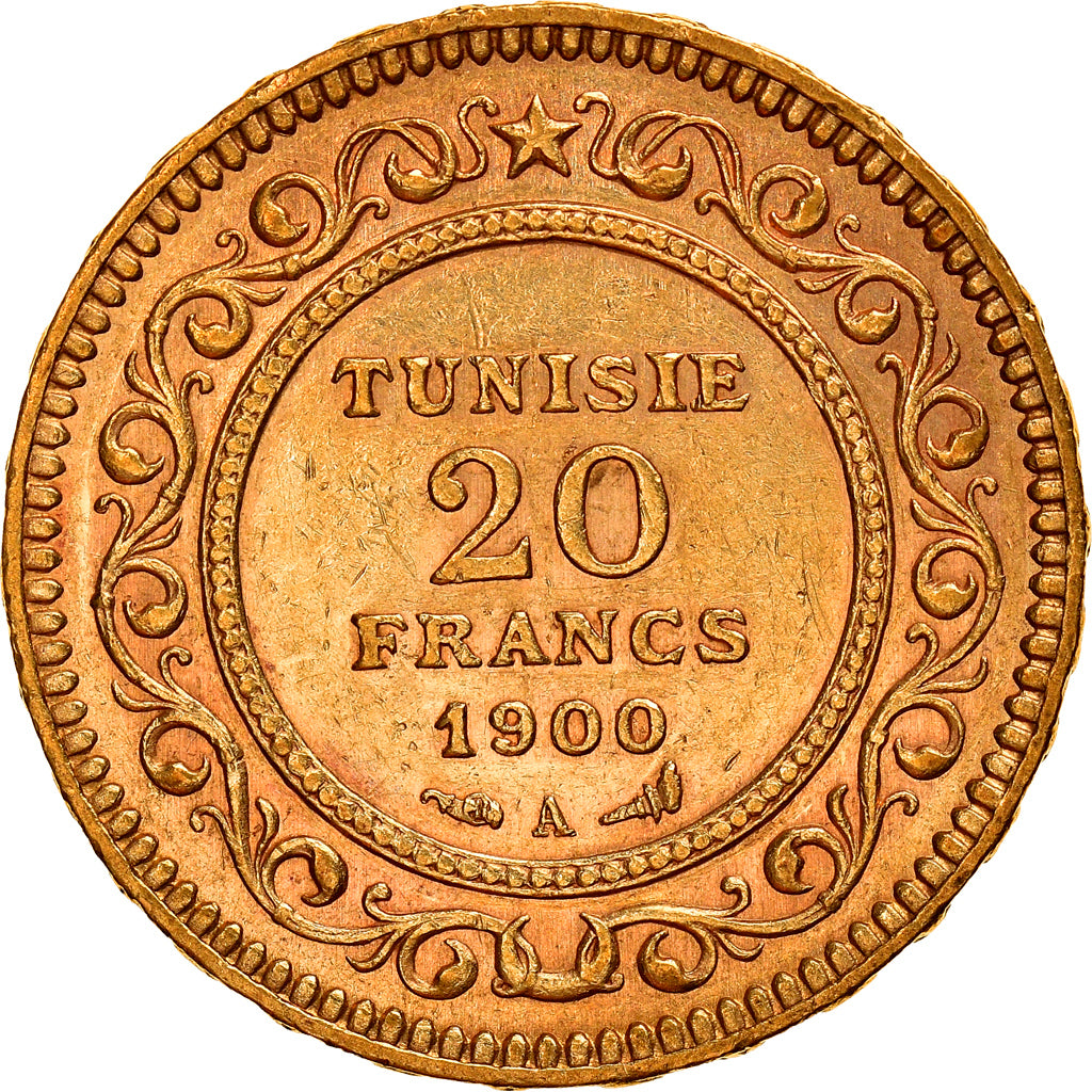 Moeda, Tunísia, Ali Bey, 20 Francs, 1900, Paris, EF(40-45), Dourado, KM:227