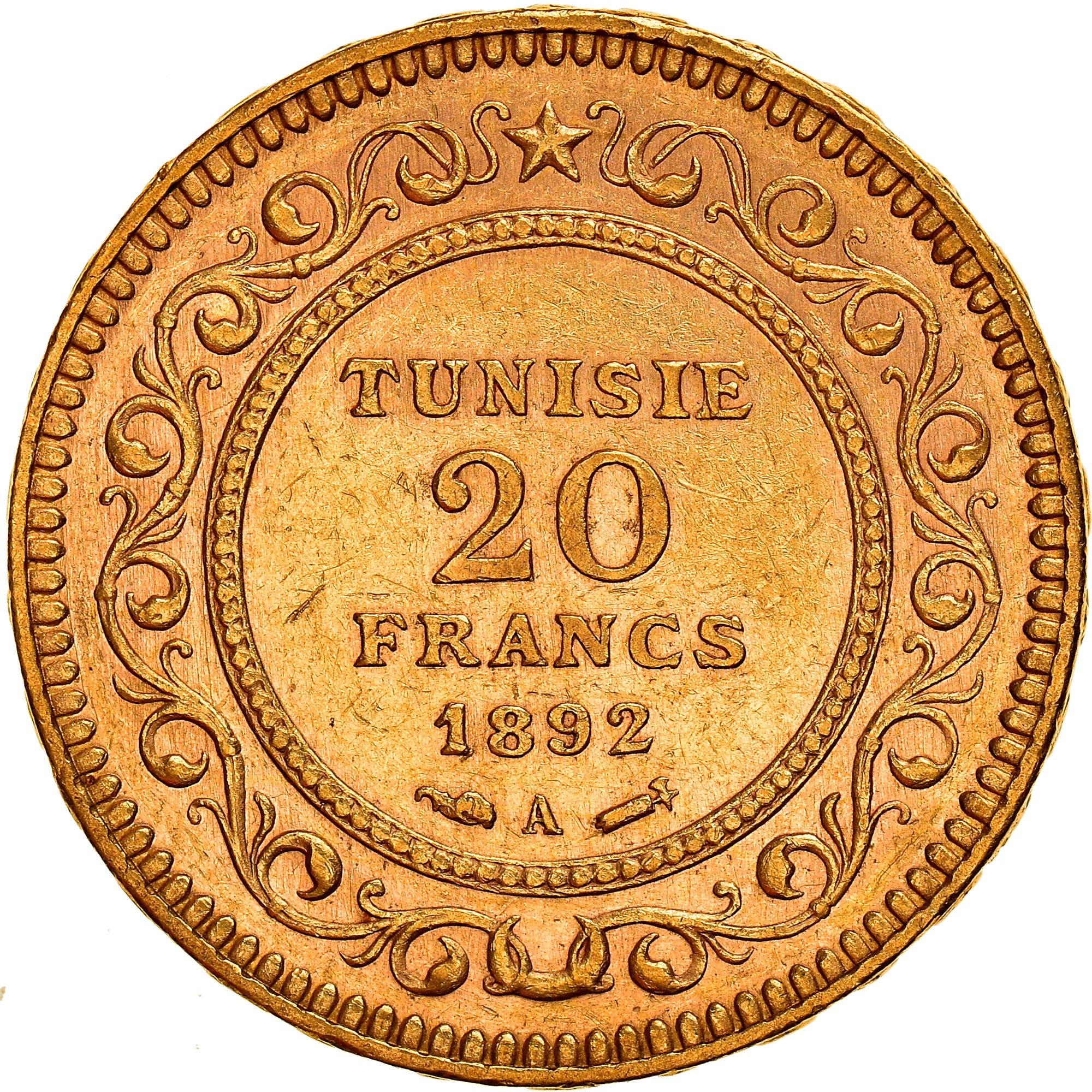 Moeda, Tunísia, Ali Bey, 20 Francs, 1892 / AH 1310, Paris, AU(50-53), Dourado