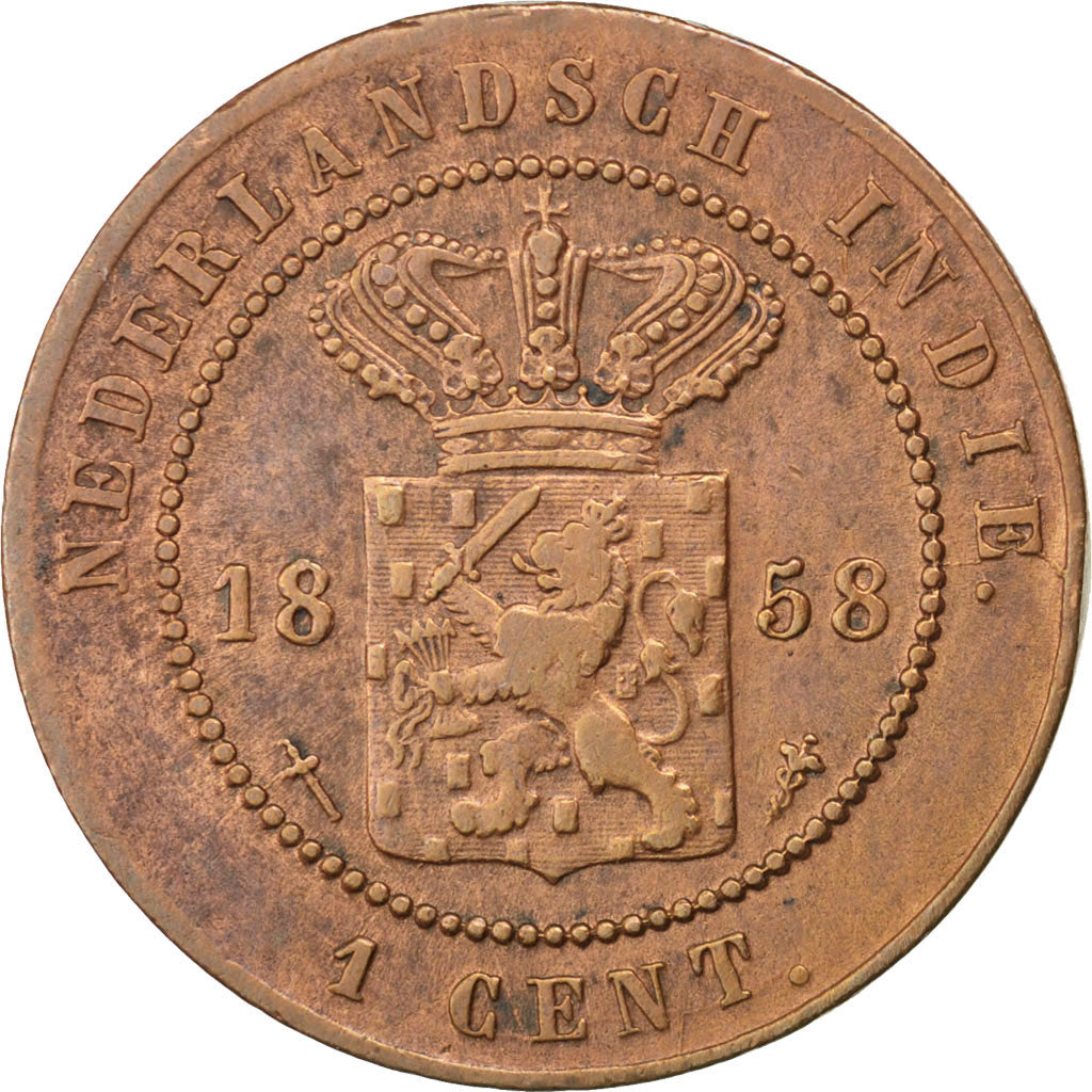 NETHERLANDS EAST INDIES, Cent, 1858, Utrecht, KM #307.2, EF(40-45), Copper, 23,.