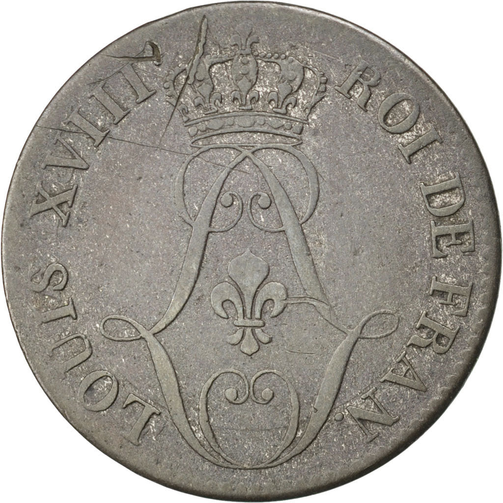 FRENCH GUIANA, 10 Centimes, 1818, Paris, KM #A1, VF(30-35), Billon, 22.5,...