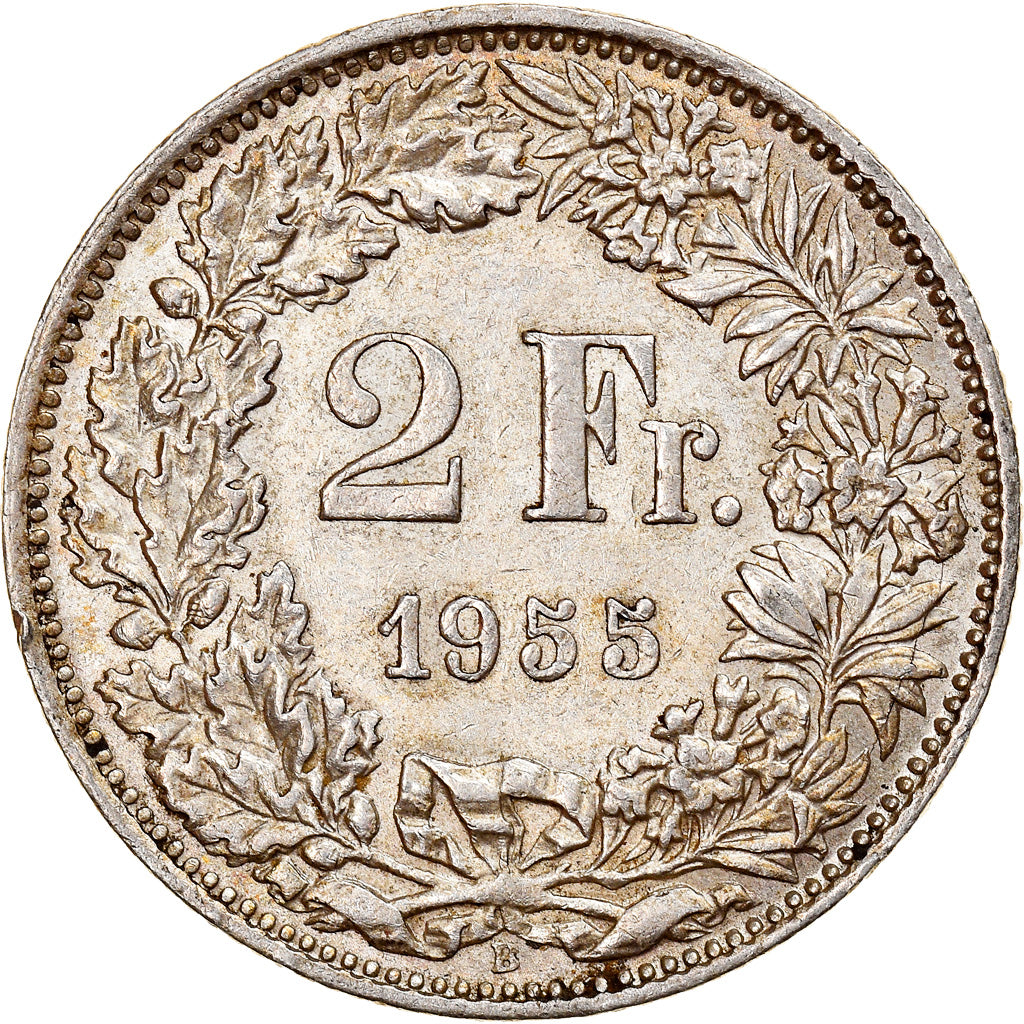 Coin, Switzerland, 2 Francs, 1955, Bern, AU(50-53), Silver, KM:21