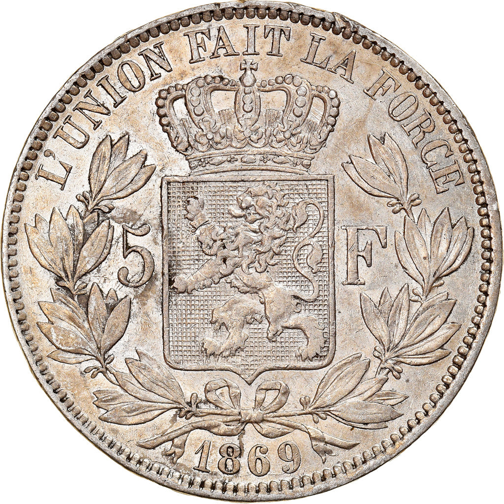 Moneta, Belgio, Leopold II, 5 Francs, 5 Frank, 1869, BB+, Argento, KM:24