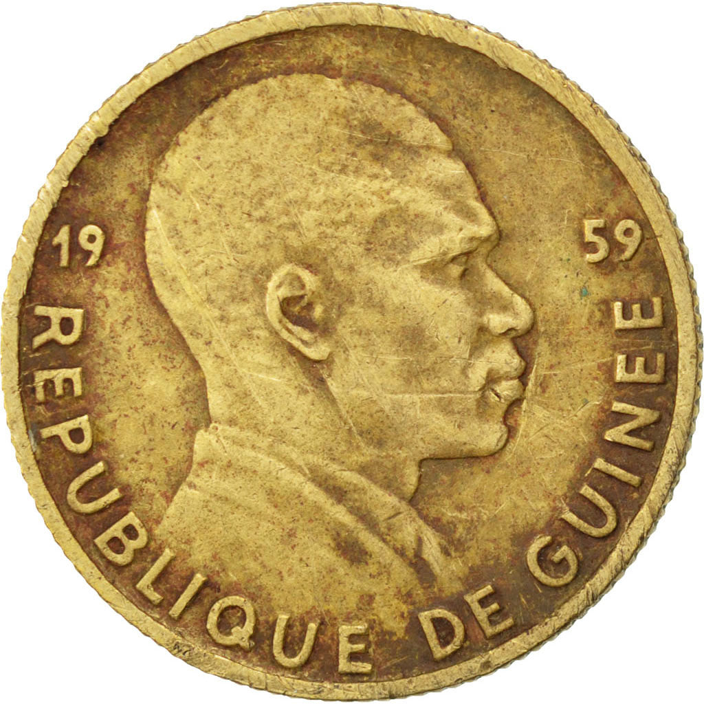 GUINEA, 5 Francs, 1959, KM #1, VF(30-35), Aluminum-Bronze, 3.02
