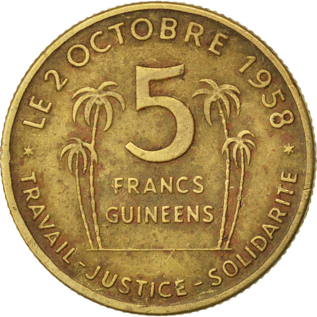 GUINEA, 5 Francs, 1959, KM #1, VF(30-35), Aluminum-Bronze, 3.02