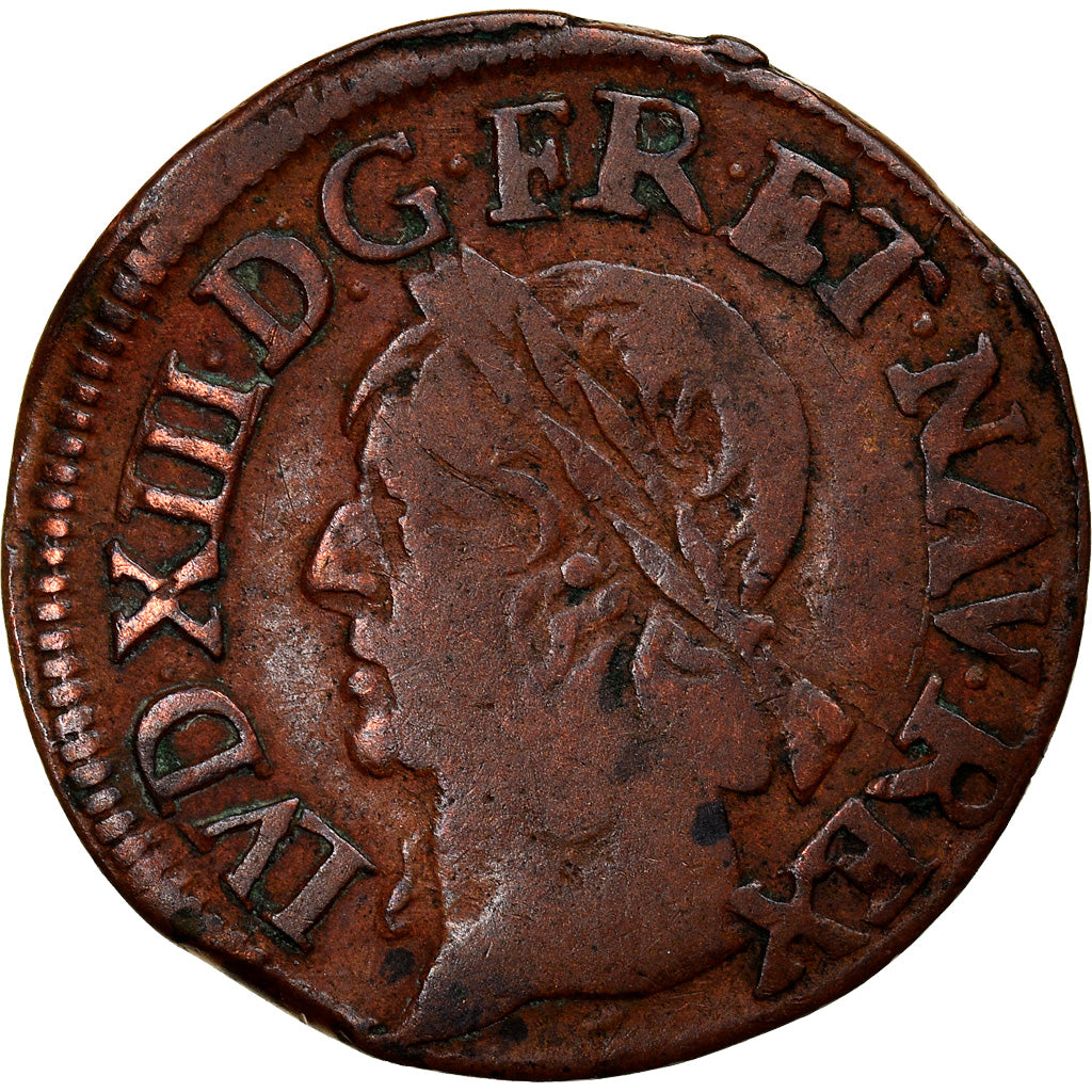 Monnaie, France, Louis XIII, Double Tournois, 1643, La Rochelle, TTB, Cuivre