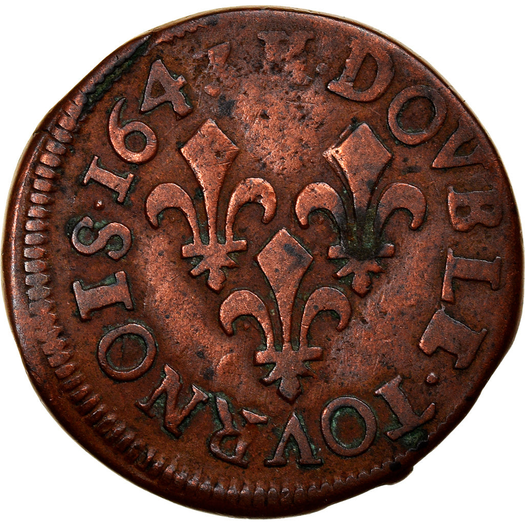 Monnaie, France, Louis XIII, Double Tournois, 1643, La Rochelle, TTB, Cuivre