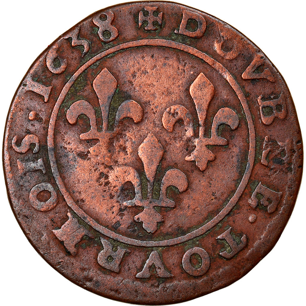 Munten, Frankrijk, Louis XIII, Louis XIII, Double Tournois, 1638, FR+, Koper