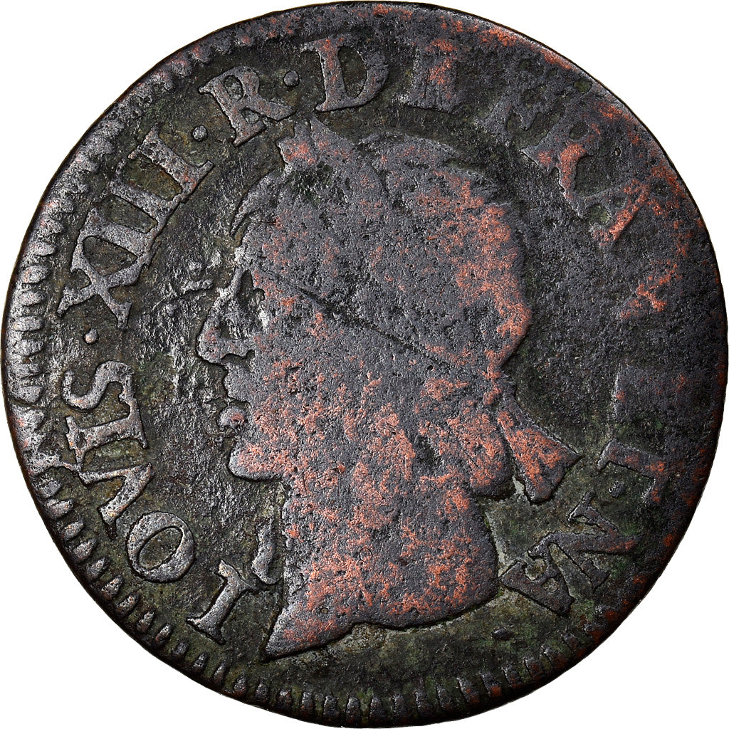 Moneta, Francia, Louis XIII, Double Tournois, 1642, MB, Rame