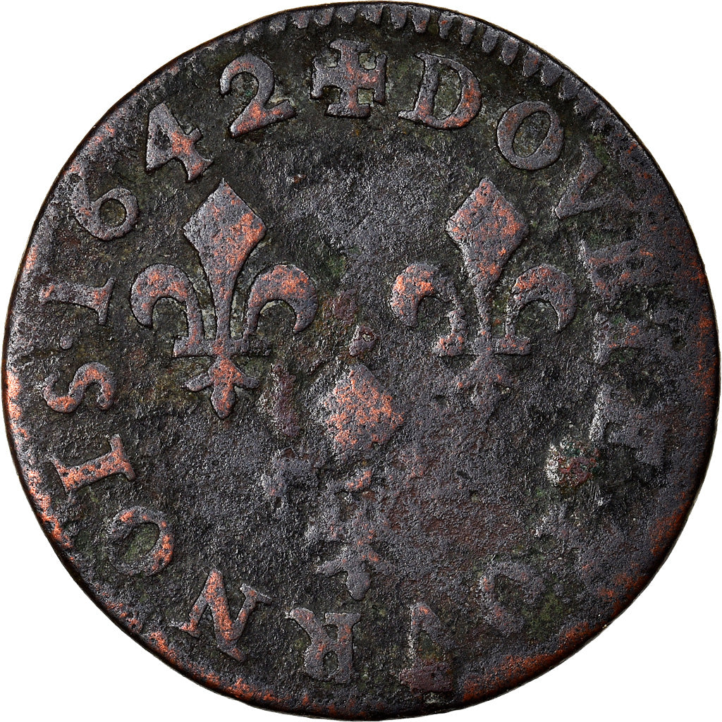 Moneta, Francia, Louis XIII, Double Tournois, 1642, MB, Rame