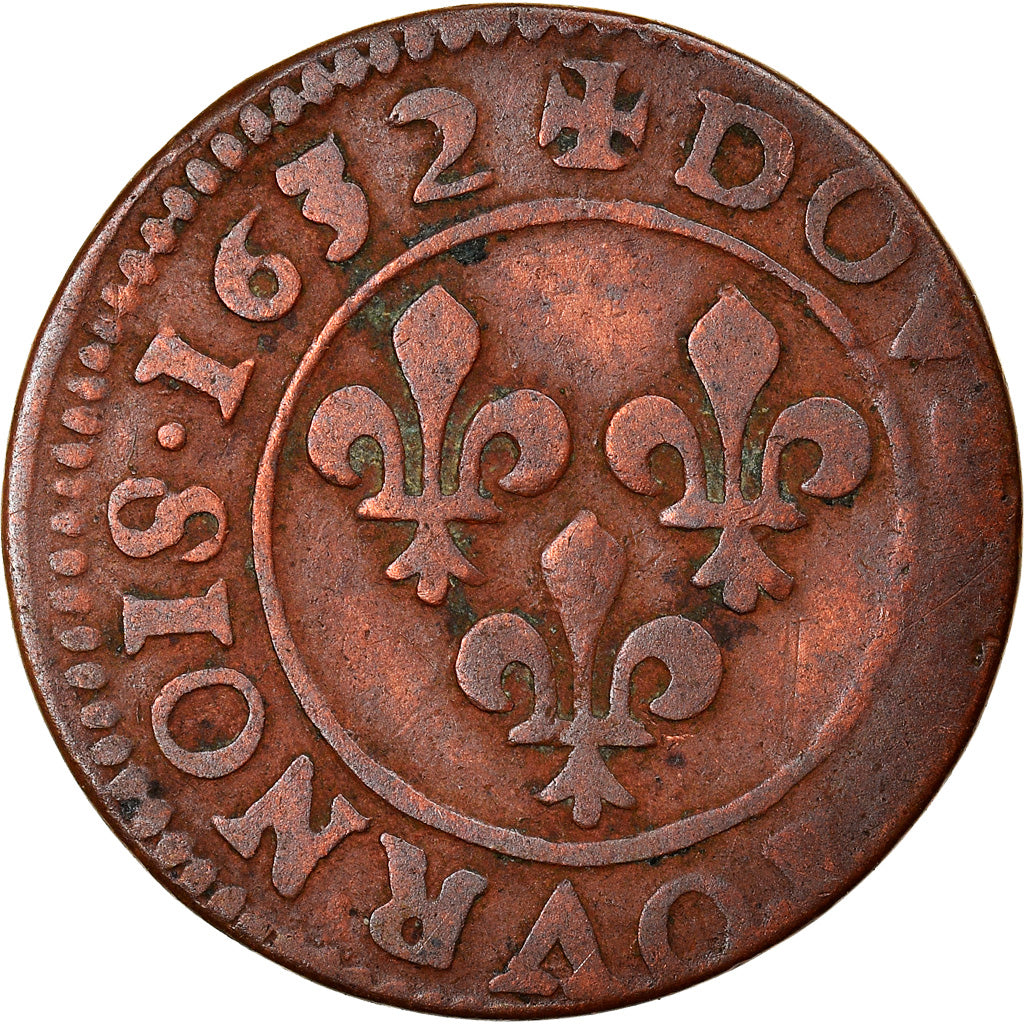 Coin, France, Double Tournois, 1632, Lyon, VF(30-35), Copper