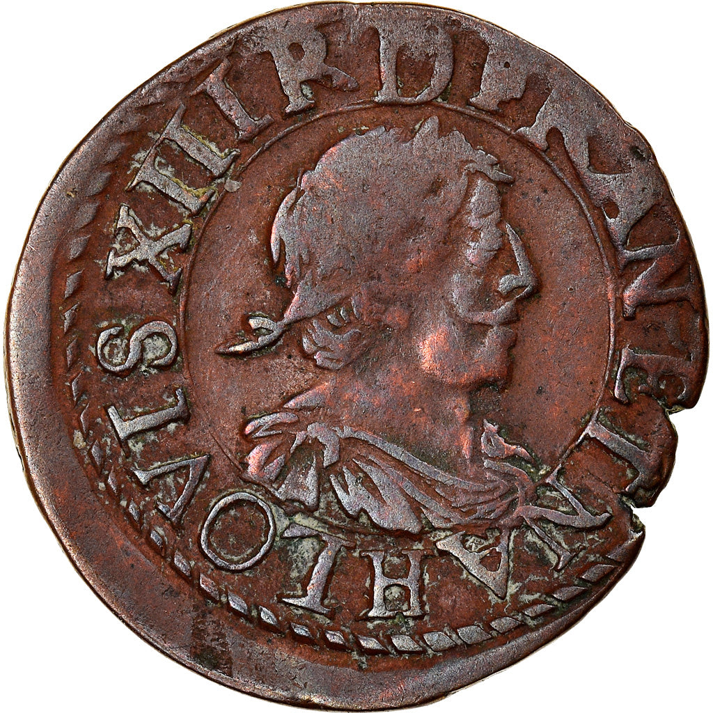 Coin, France, Louis XIII, Double tournois, buste laurée et drapé, Double