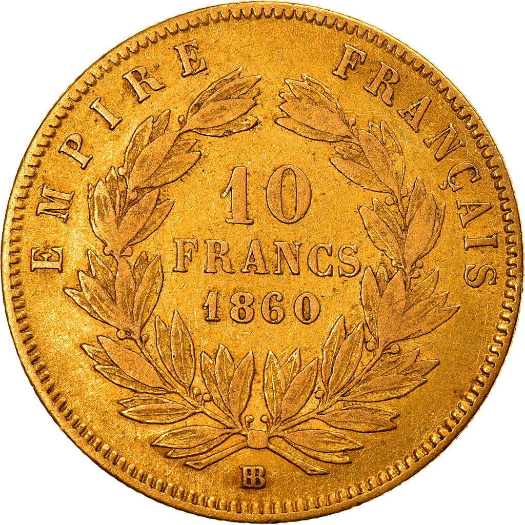 Moneta, Francia, Napoleon III, 10 Francs, 1860, Strasbourg, BB, Oro, KM:784.4