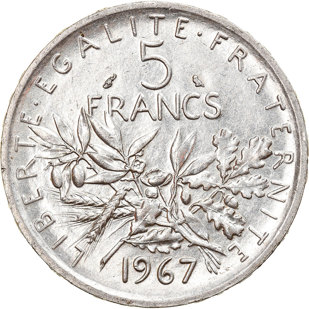 Moeda, França, Semeuse, 5 Francs, 1967, AU(55-58), Prata, KM:926, Gadoury:770