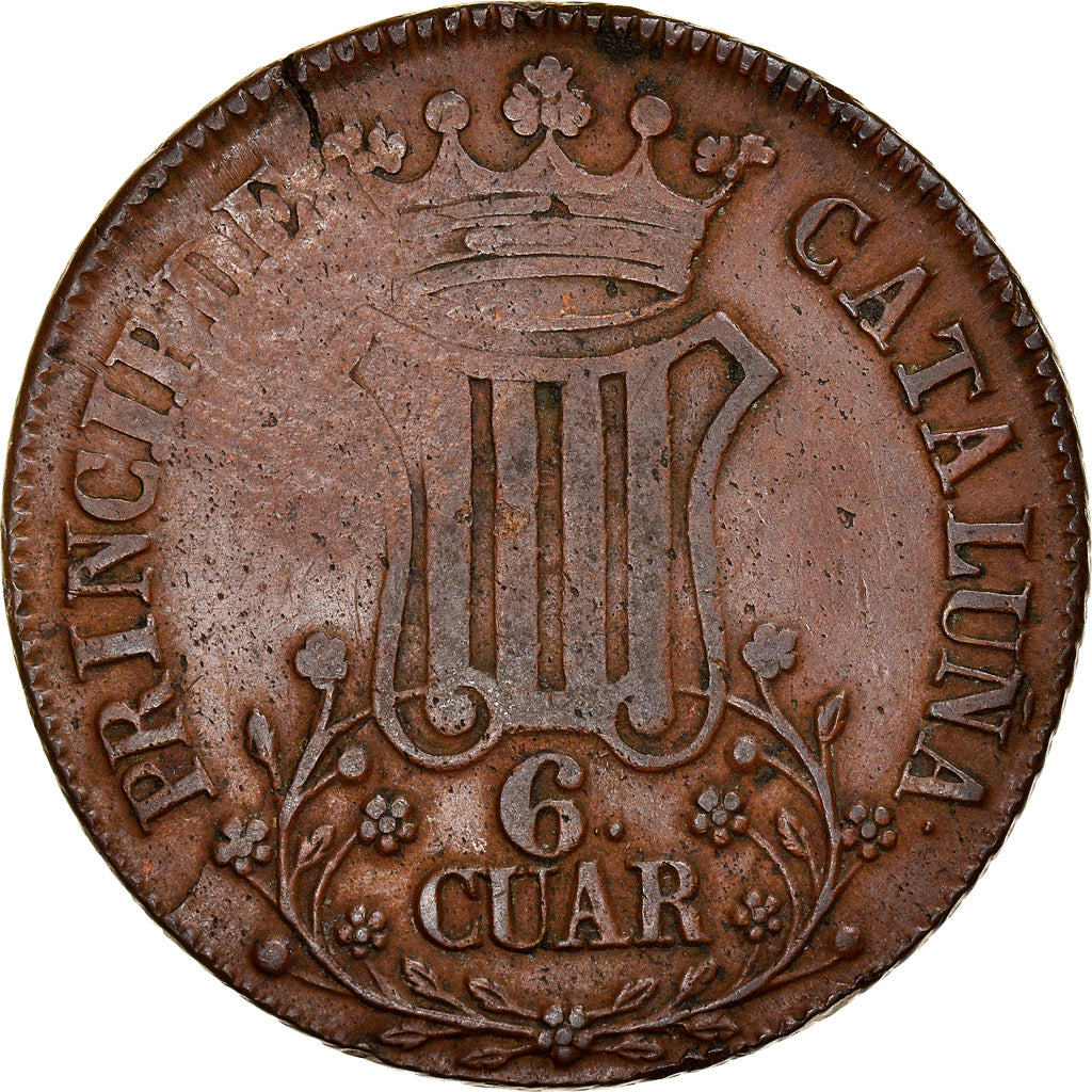 Moeda, Espanha, CATALONIA, Isabel II, 6 Quartos, 1838, Barcelona, AU(50-53)