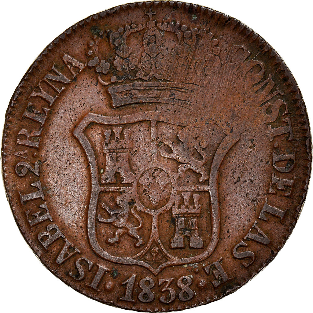 Moeda, Espanha, CATALONIA, Isabel II, 6 Quartos, 1838, Barcelona, AU(50-53)