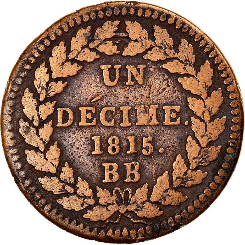 Moneta, Francia, Louis XVIII, Decime, 1815, Strasbourg, MB, Bronzo, KM:701