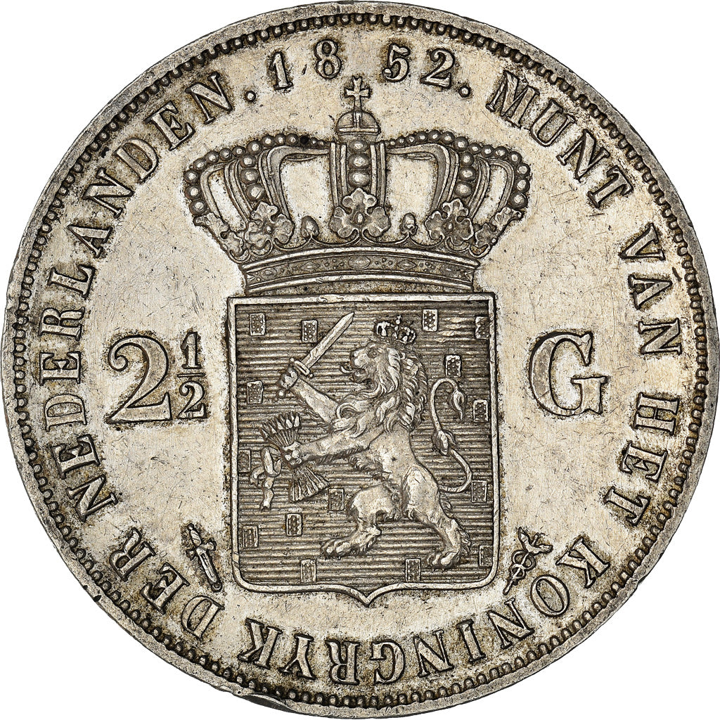 Coin, Netherlands, William III, 2-1/2 Gulden, 1852, AU(50-53), Silver, KM:82