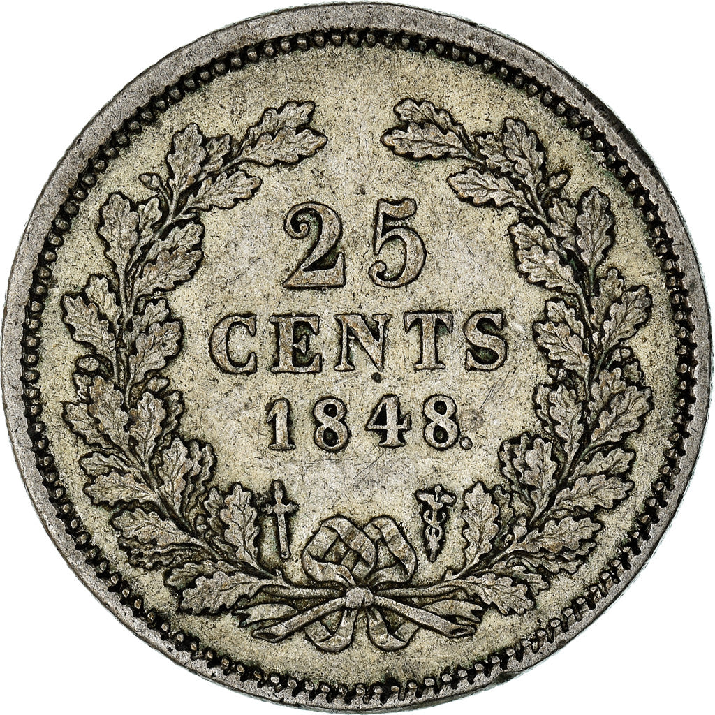 Coin, Netherlands, William II, 25 Cents, 1848, EF(40-45), Silver, KM:76