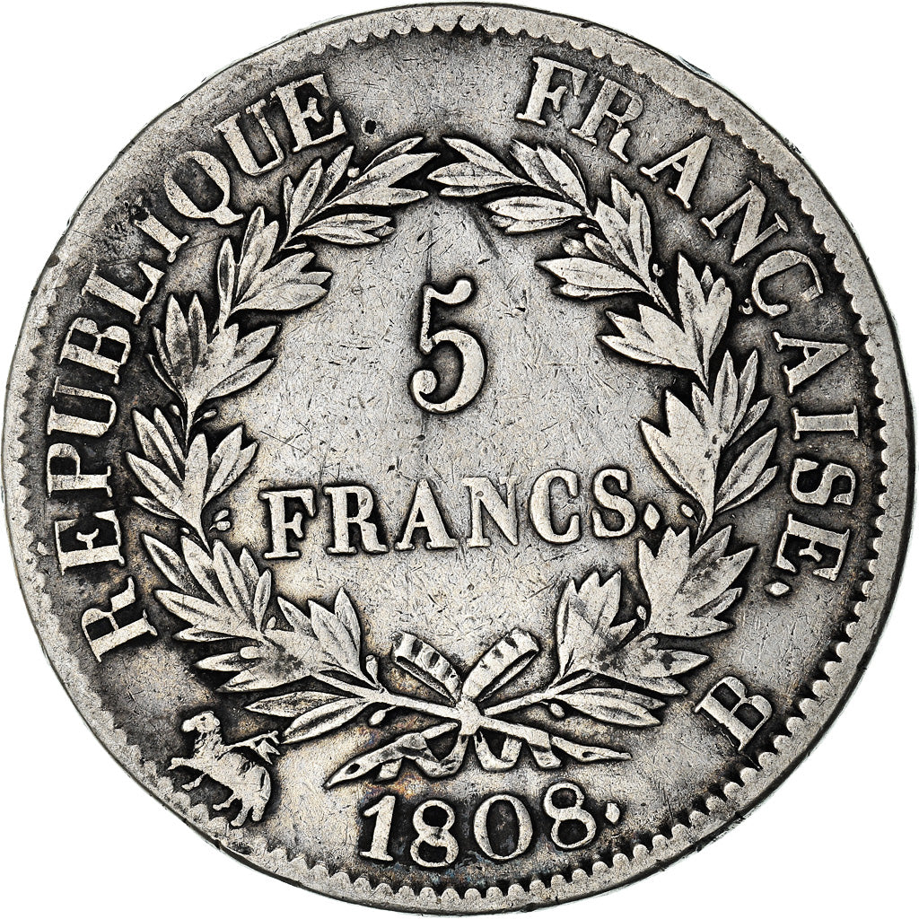 Moeda, França, Napoléon I, 5 Francs, 1808, Rouen, VF(30-35), Prata, KM:686.2