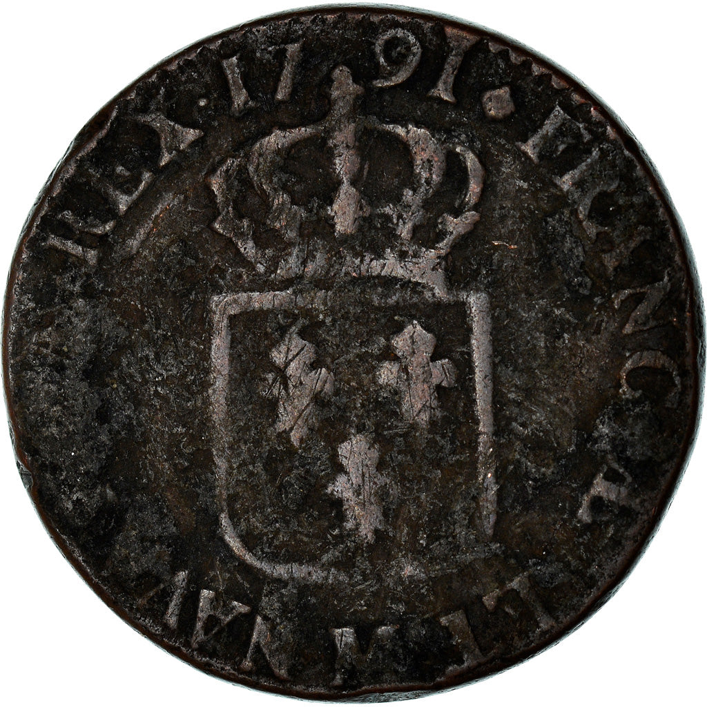 Münze, Frankreich, Louis XVI, Sol ou sou, Sol, 1791, Toulouse, SGE+, Kupfer
