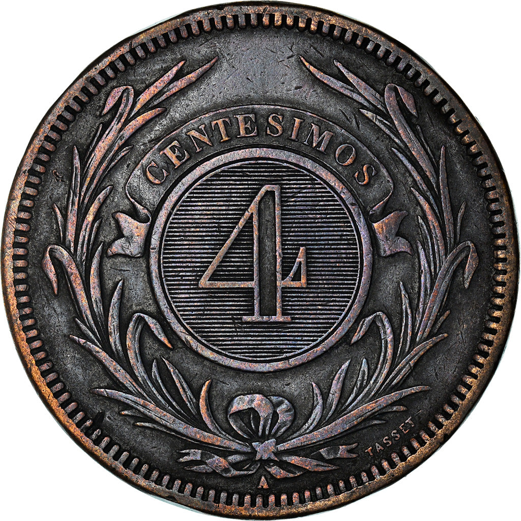 Moneta, Uruguay, 4 Centesimos, 1869, Uruguay Mint, Paris, Berlin, Vienna, BB