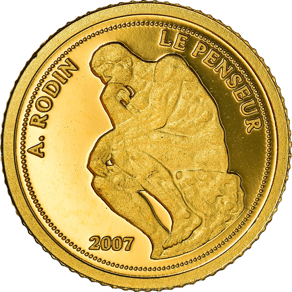 Moneta, Benin, Le Penseur de Rodin, 1500 Francs CFA, 2007, FDC, Oro