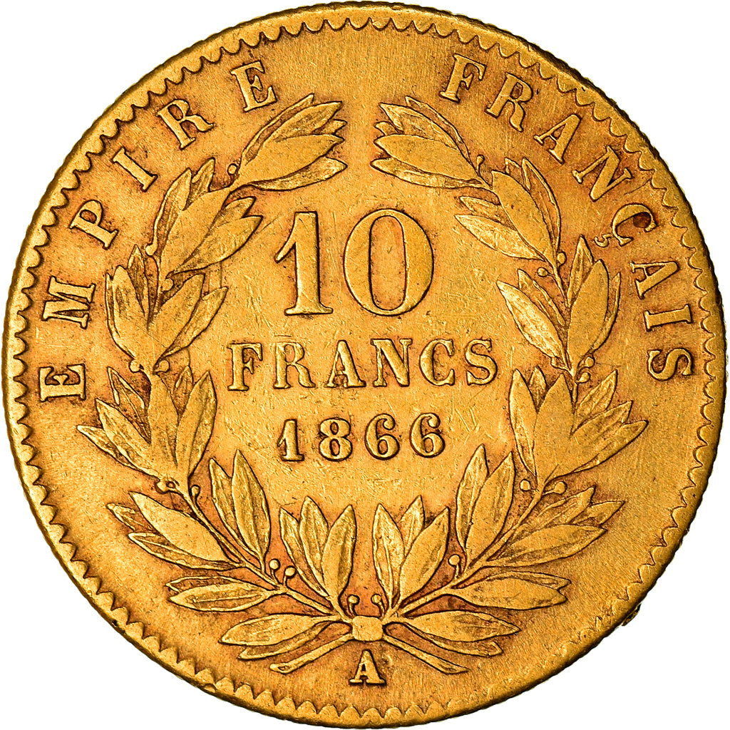 Moneda, Francia, Napoleon III, 10 Francs, 1866, Paris, MBC, Oro, KM:800.1
