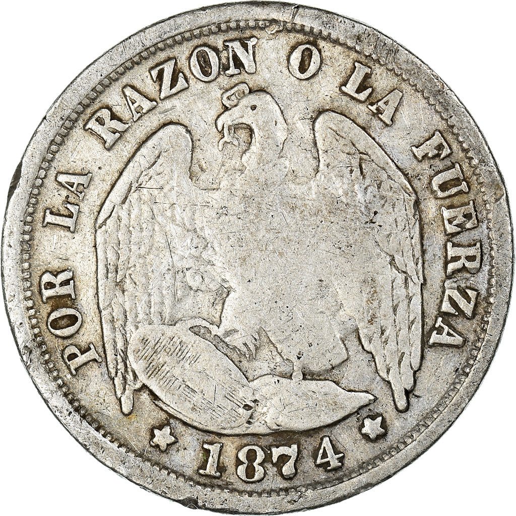 Moneda, Chile, 1/2 Decimo, 1874, Santiago, BC+, Plata, KM:137.2