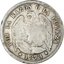 Moneda, Chile, 1/2 Decimo, 1874, Santiago, BC+, Plata, KM:137.2
