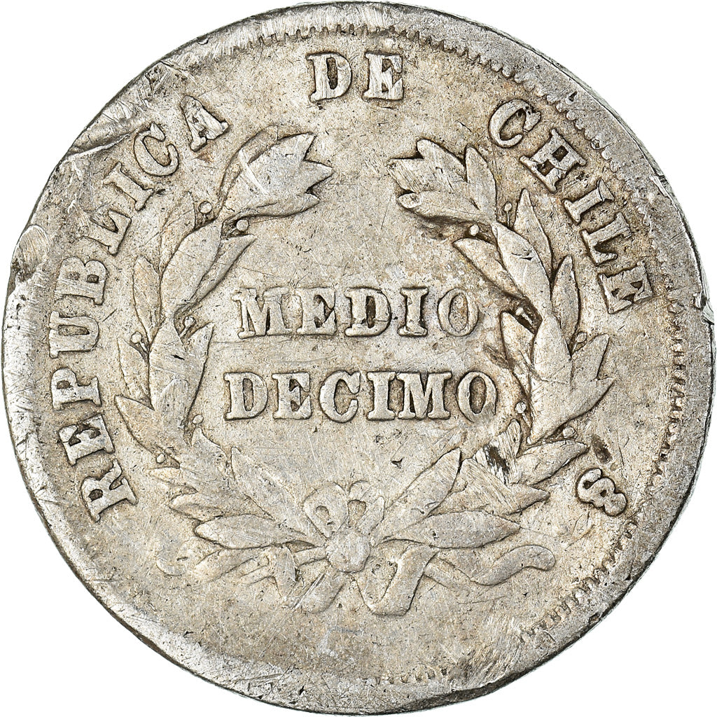 Moneda, Chile, 1/2 Decimo, 1874, Santiago, BC+, Plata, KM:137.2