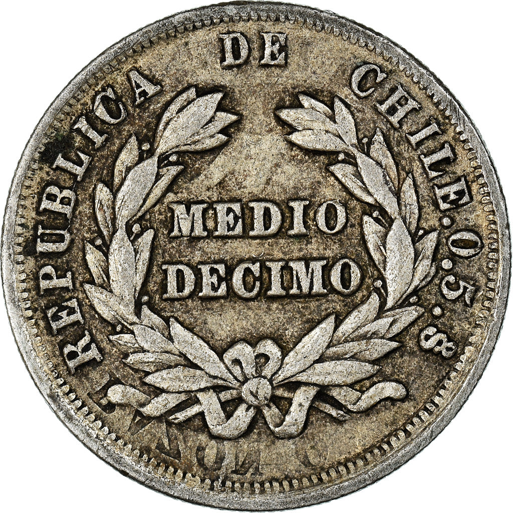 Coin, Chile, 1/2 Decimo, 1881, Santiago, error clashed die, EF(40-45), Silver