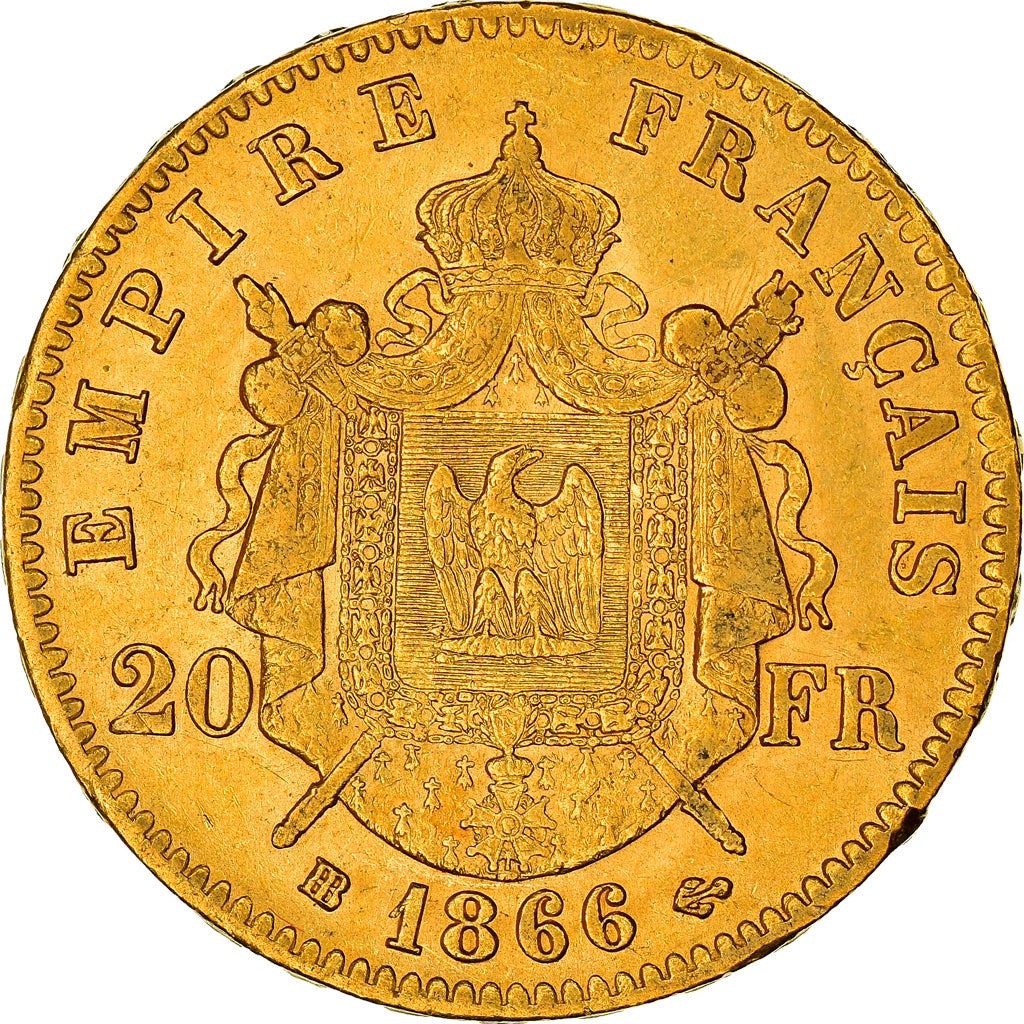 Moneta, Francja, Napoleon III, 20 Francs, 1866, Strasbourg, AU(50-53), Złoto