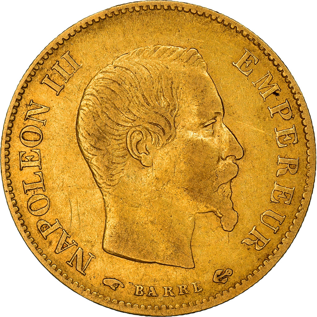 Moeda, França, Napoleon III, 10 Francs, 1858, Paris, VF(20-25), Dourado