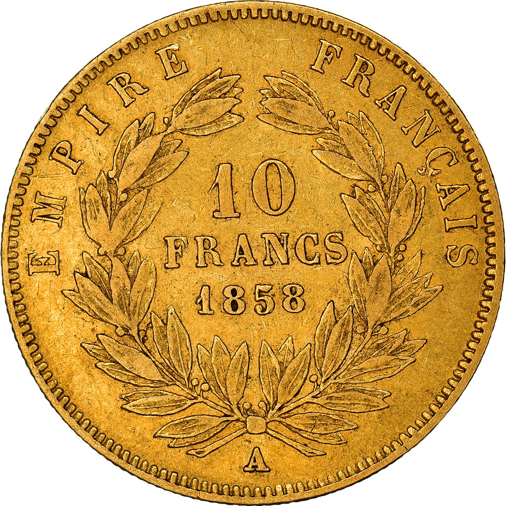 Moeda, França, Napoleon III, 10 Francs, 1858, Paris, VF(20-25), Dourado