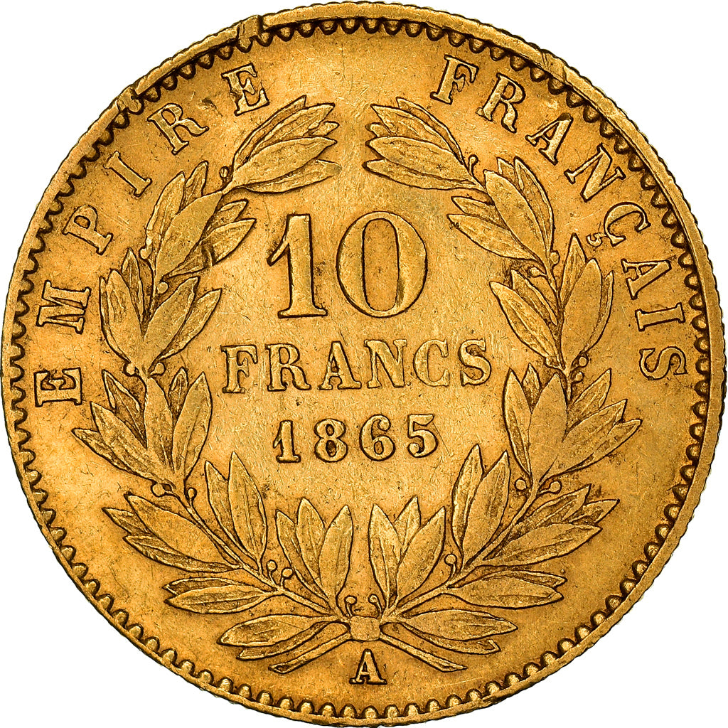 Moneda, Francia, Napoleon III, 10 Francs, 1865, Paris, MBC, Oro, KM:800.1