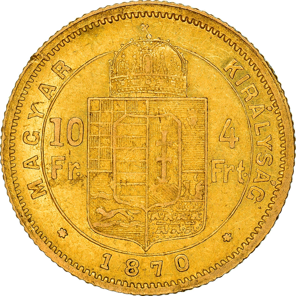 Monnaie, Hongrie, Franz Joseph I, 4 Forint 10 Francs, 1870, Karlsburg, TTB, Or