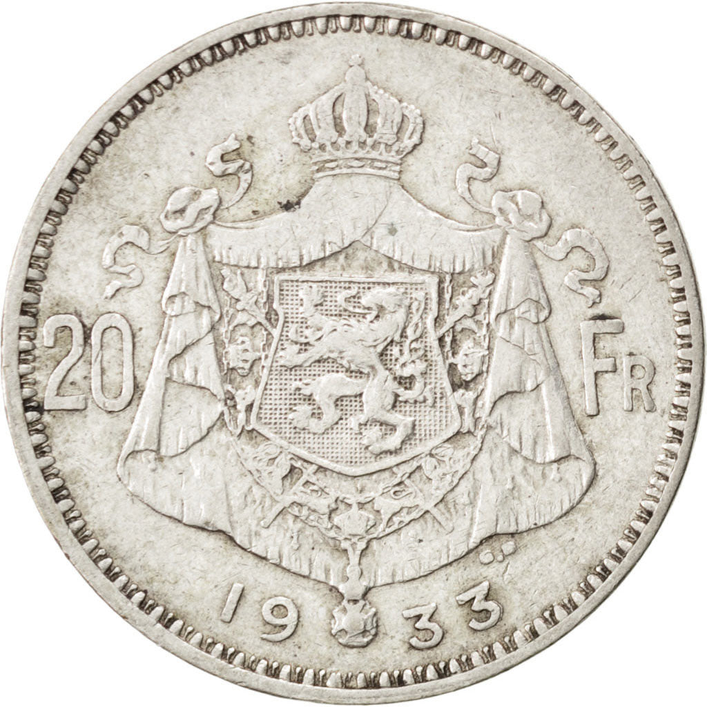 Coin, Belgium, 20 Francs, 20 Frank, 1933, EF(40-45), Silver, KM:104.1