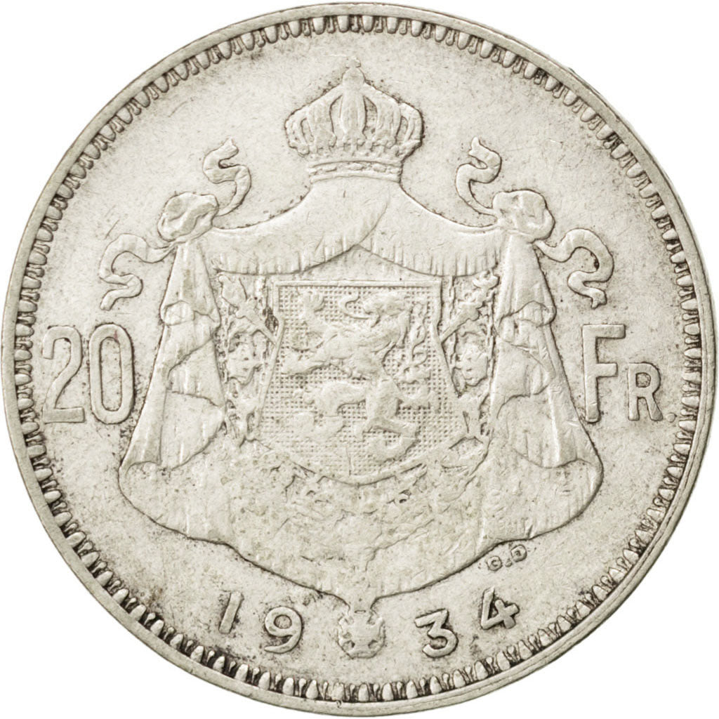 BELGIUM, 20 Francs, 20 Frank, 1934, KM #104.1, EF(40-45), Silver, 11.06