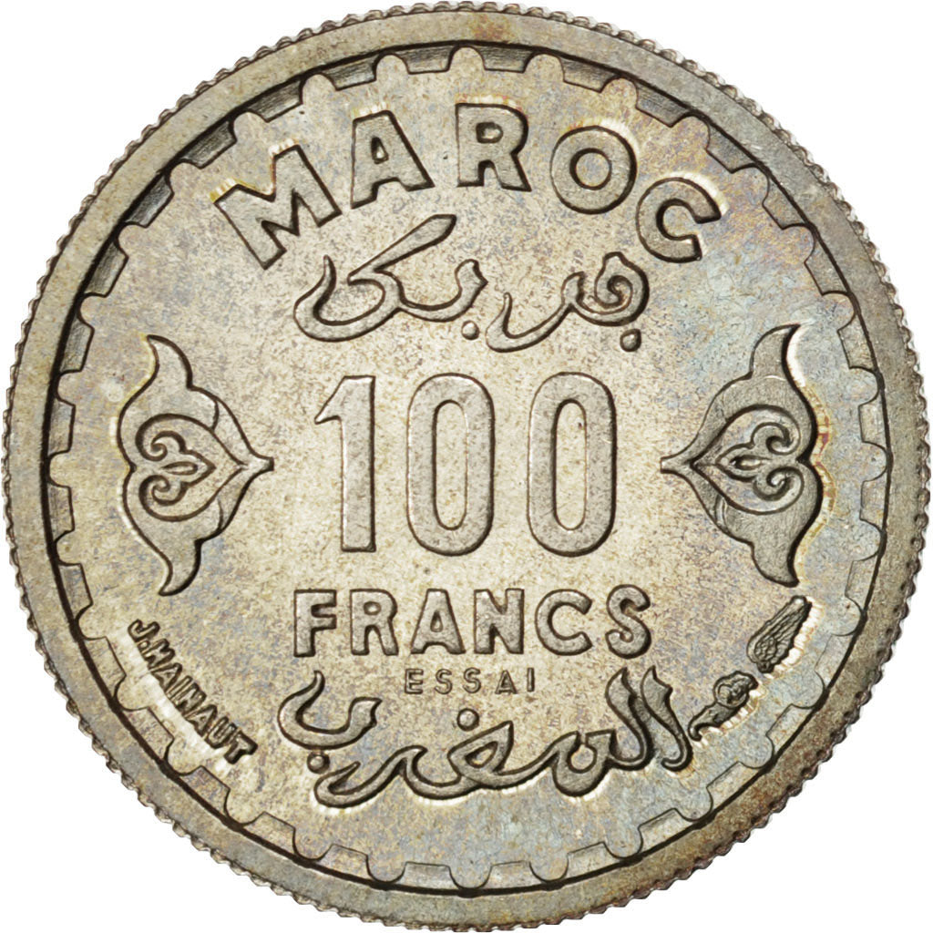 MOROCCO, 100 Francs, 1951, Paris, KM #E40, MS(63), Silver, Lecompte #284, 2.52
