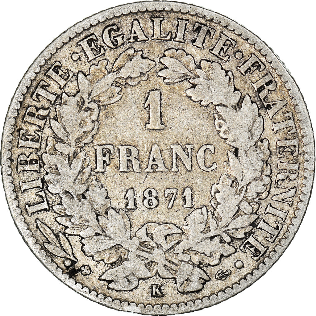Monnaie, France, Cérès, Franc, 1871, Bordeaux, TB, Argent, Gadoury:465