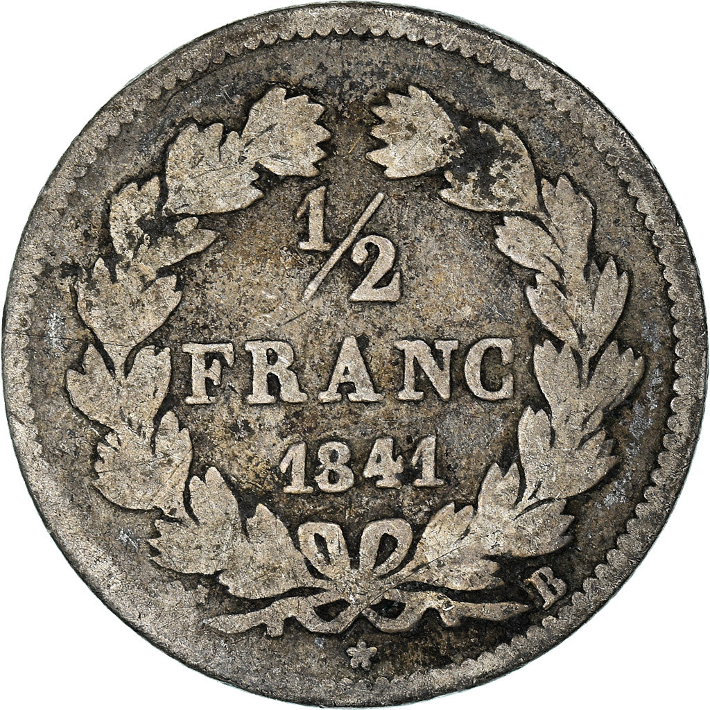 Moeda, França, Louis-Philippe, 1/2 Franc, 1841, Rouen, VF(20-25), Prata