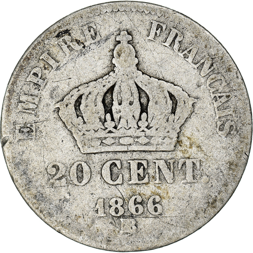 Moeda, França, Napoleon III, Napoléon III, 20 Centimes, 1866, Strasbourg