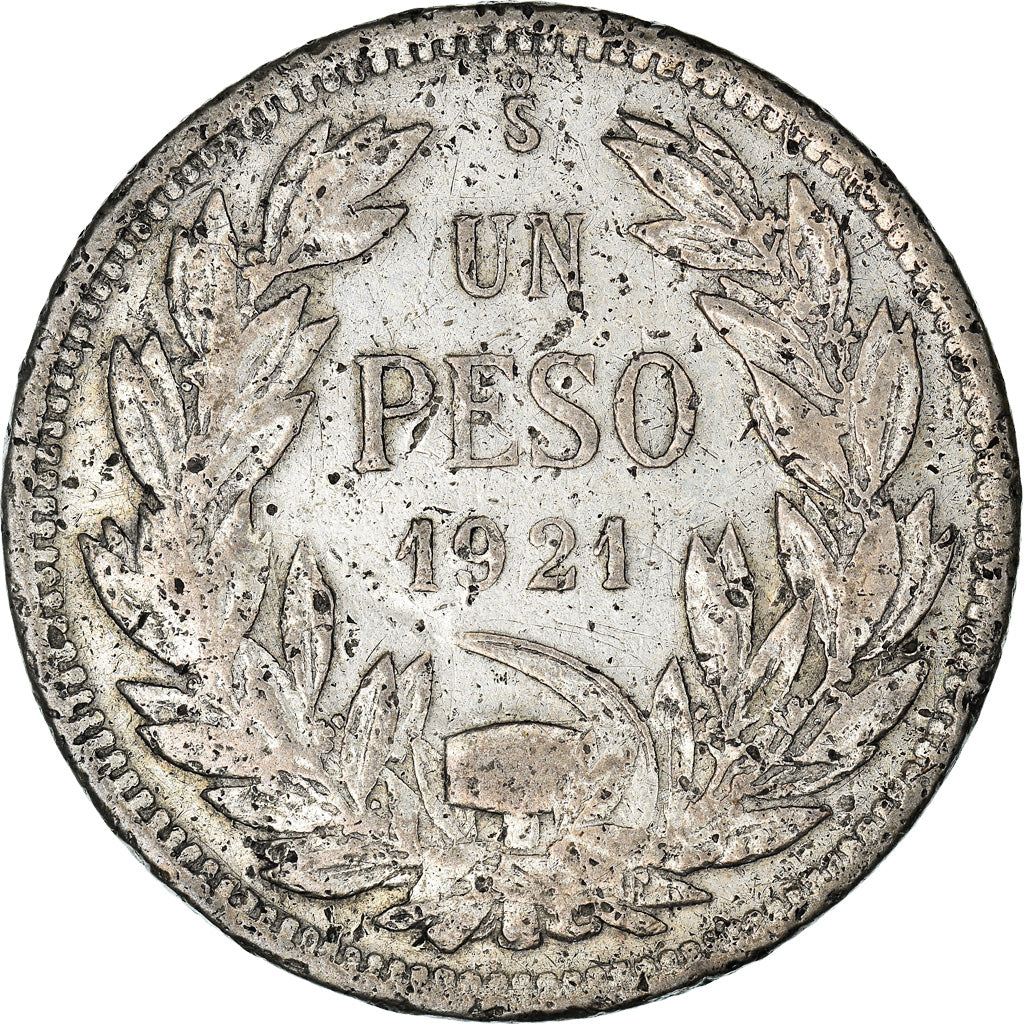 Moneda, Chile, Peso, 1921, Santiago, BC+, Plata, KM:152.5